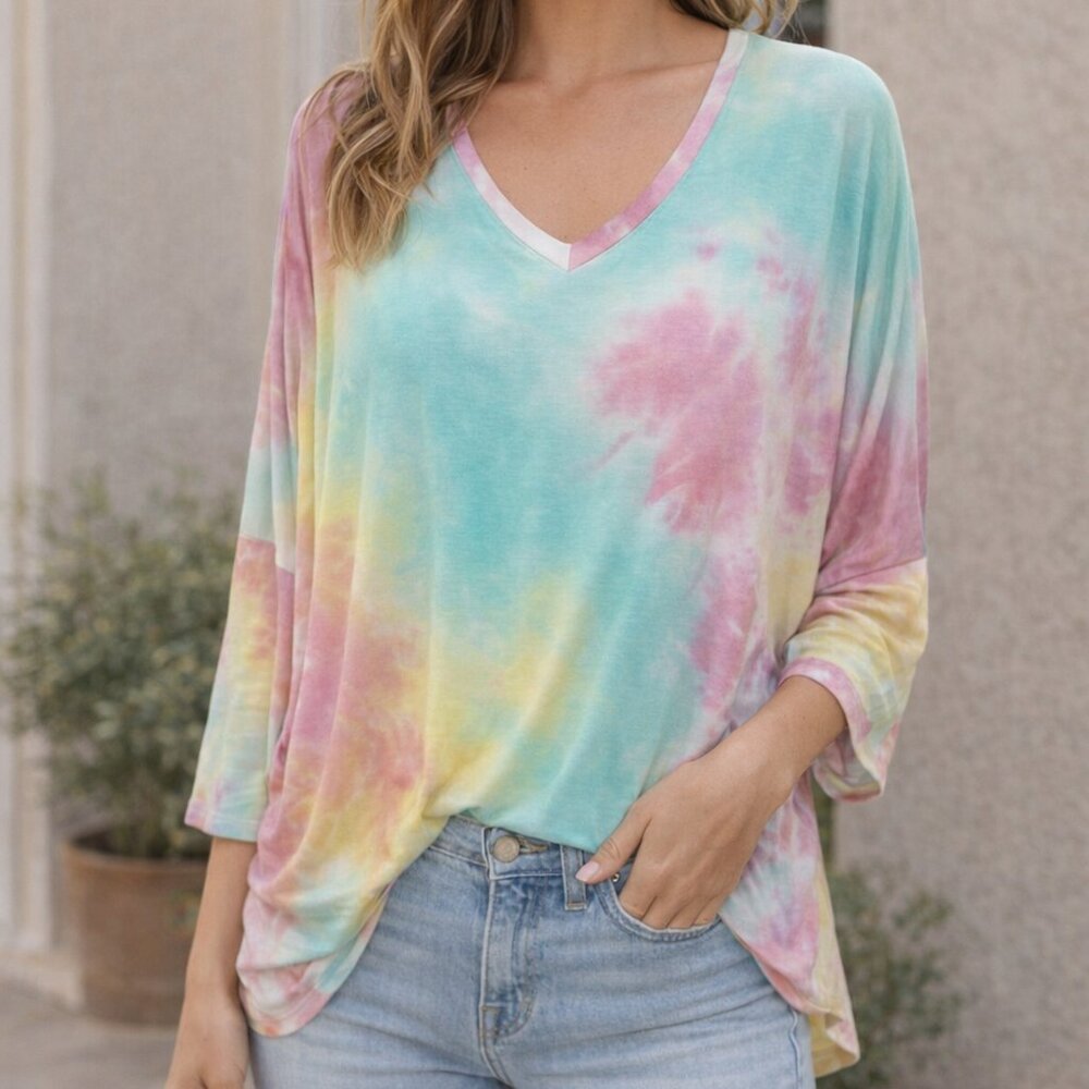Cy Vibrant Tie-Dye Oversized Top M Pink Yellow Green  Soft Stretch V-Neck